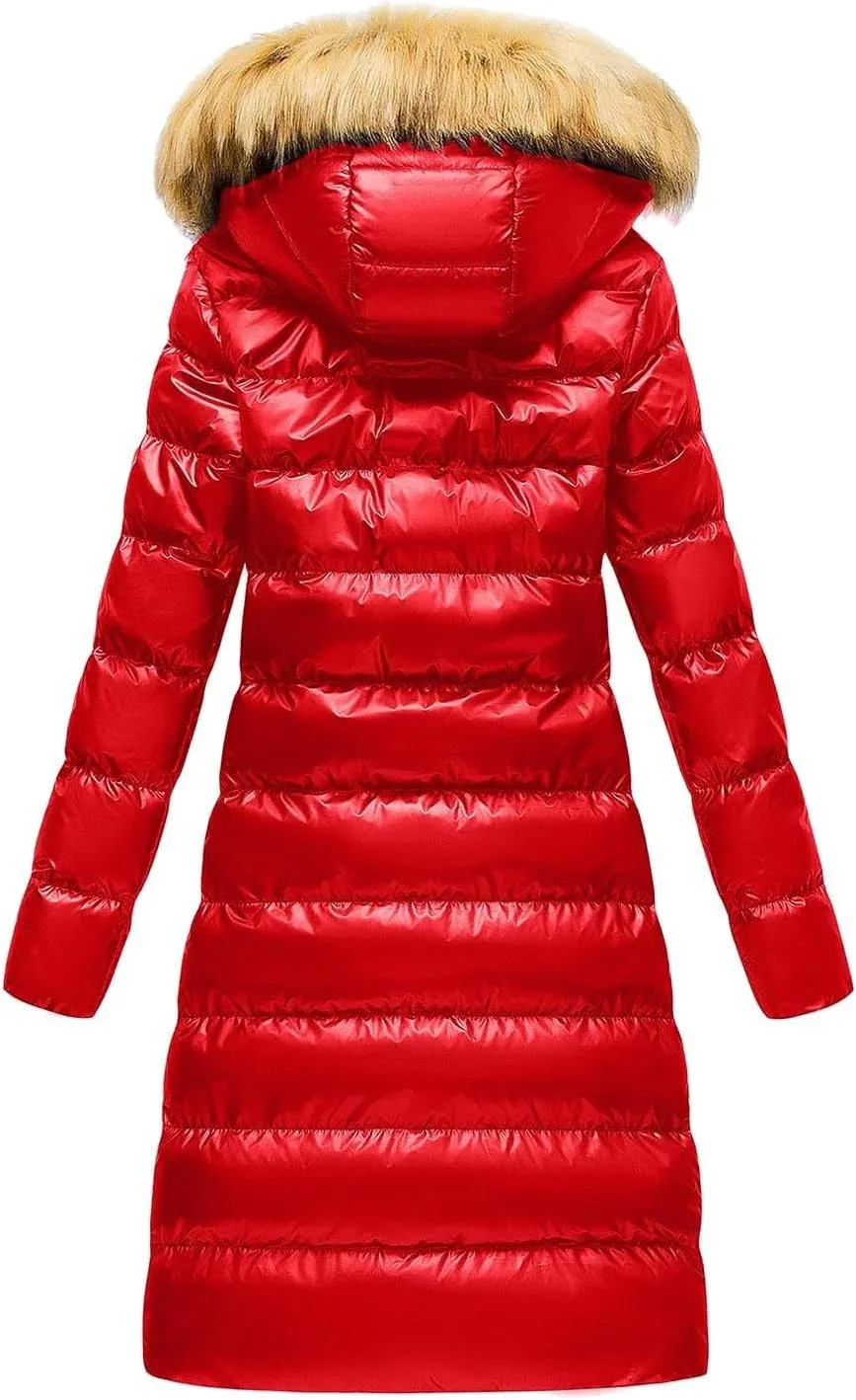 Womens Winter Zipper Quilted Puffer Coat Long Sleeve Hooded Down Coat Casual Insulated Pockets Overcoat Outdoor Clothes