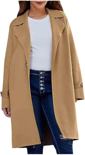 Women's Wool Blend Pea Coat Lapel Button Up Outerwear Trendy Jacket Business Overcoat Long Trench Coats with Pocket