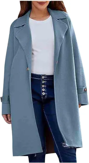 Women's Wool Blend Pea Coat Lapel Button Up Outerwear Trendy Jacket Business Overcoat Long Trench Coats with Pocket
