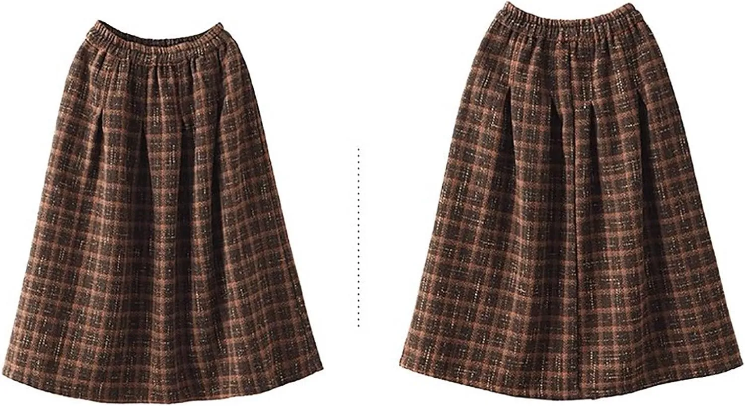 Women's Wool Plaid Skirt Spring Warm Elastic Waist A-Line Pleated Tartan Long Skirts with Pockets