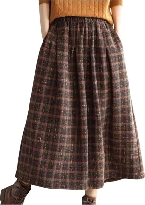 Women's Wool Plaid Skirt Spring Warm Elastic Waist A-Line Pleated Tartan Long Skirts with Pockets