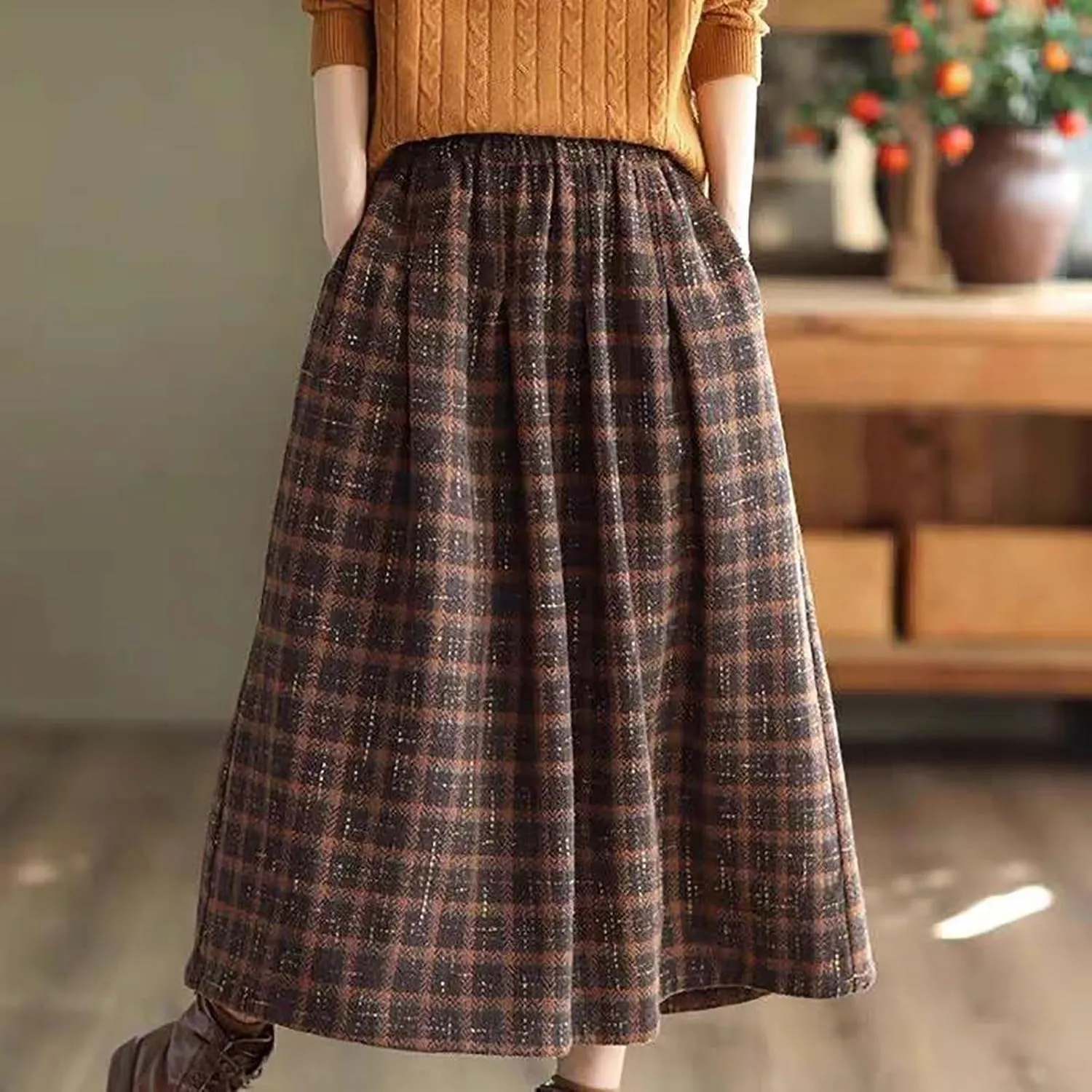 Women's Wool Plaid Skirt Spring Warm Elastic Waist A-Line Pleated Tartan Long Skirts with Pockets