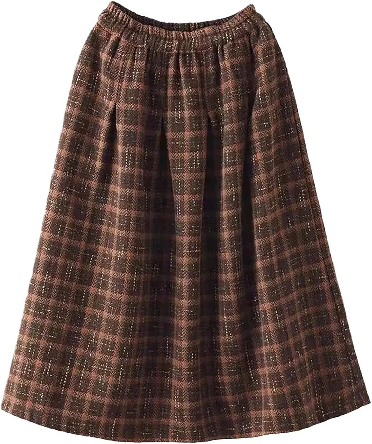 Women's Wool Plaid Skirt Spring Warm Elastic Waist A-Line Pleated Tartan Long Skirts with Pockets