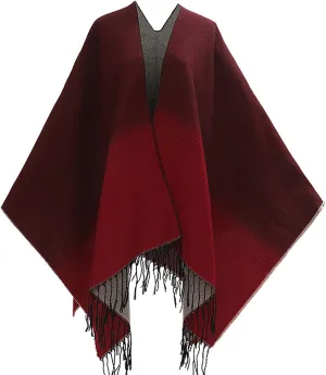 Women's Wraps and Shawls for Evening Dresses, Color Block Poncho Cape Tassels Open Front Cardigan Sweater for Winter