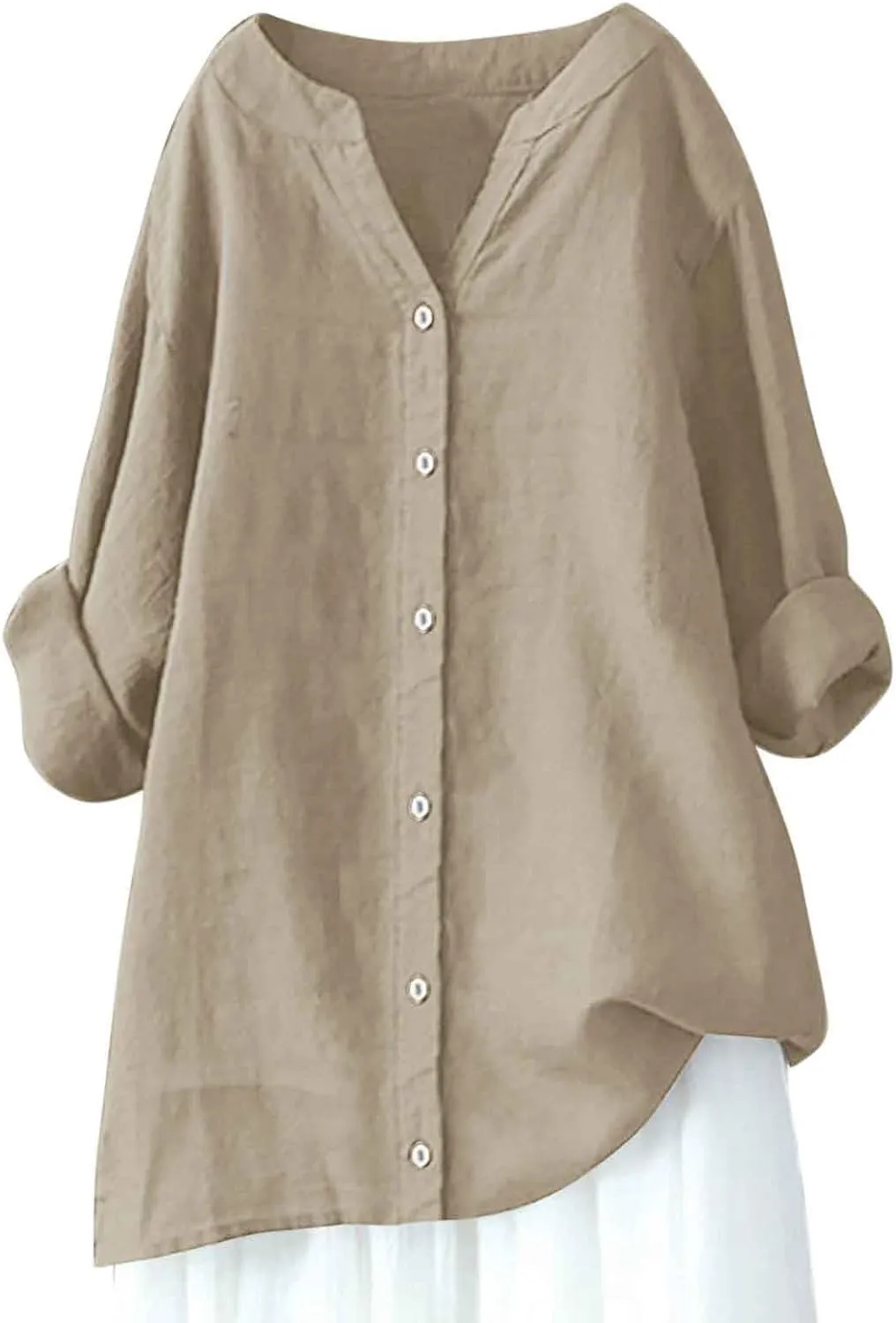 Xiaojmake Womens Cotton Linen Shirts Casual V Neck Button Down Tshirts 3/4 Sleeve Loose Comfy Beach Tunic Tops Summer Blouse