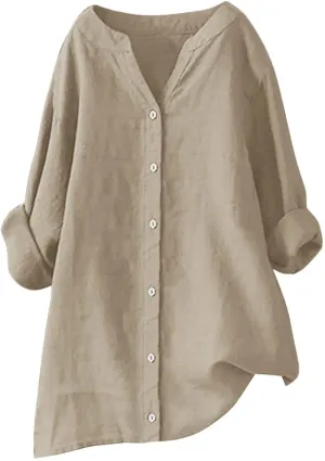 Xiaojmake Womens Cotton Linen Shirts Casual V Neck Button Down Tshirts 3/4 Sleeve Loose Comfy Beach Tunic Tops Summer Blouse