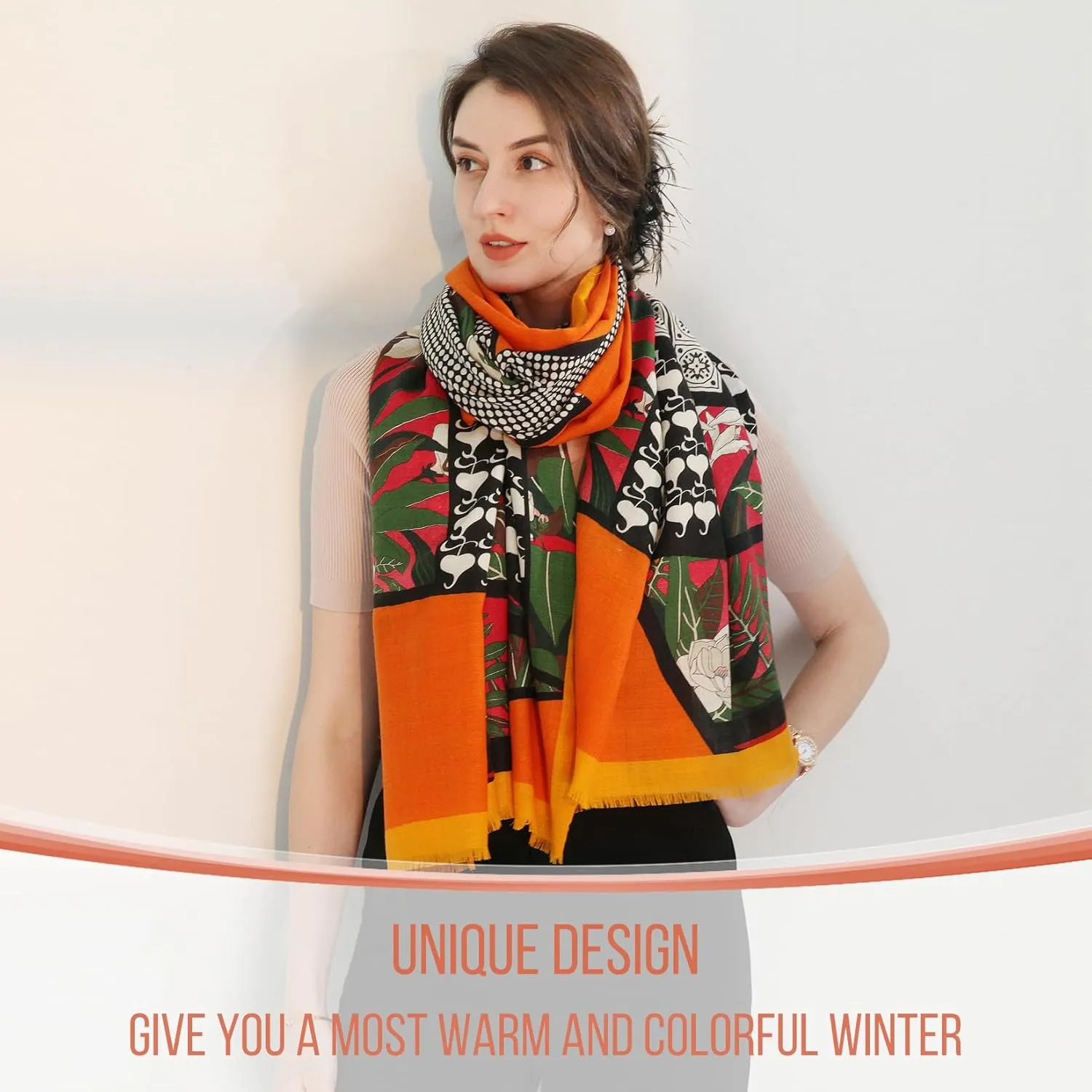 Xinmurffy 100% Merino Wool Travel Scarf Pashmina Shawls and Wraps for Women Cashmere Warm Winter Large Floral Blanket Scarves