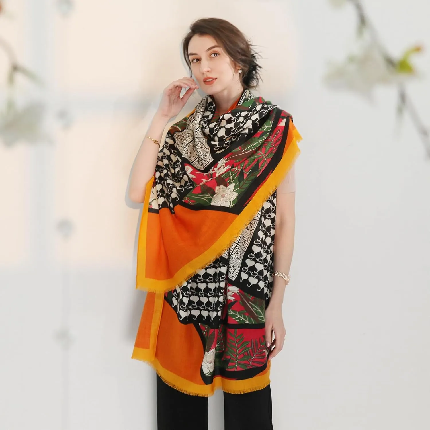 Xinmurffy 100% Merino Wool Travel Scarf Pashmina Shawls and Wraps for Women Cashmere Warm Winter Large Floral Blanket Scarves