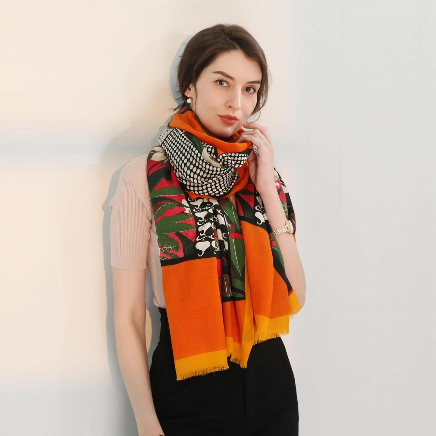 Xinmurffy 100% Merino Wool Travel Scarf Pashmina Shawls and Wraps for Women Cashmere Warm Winter Large Floral Blanket Scarves