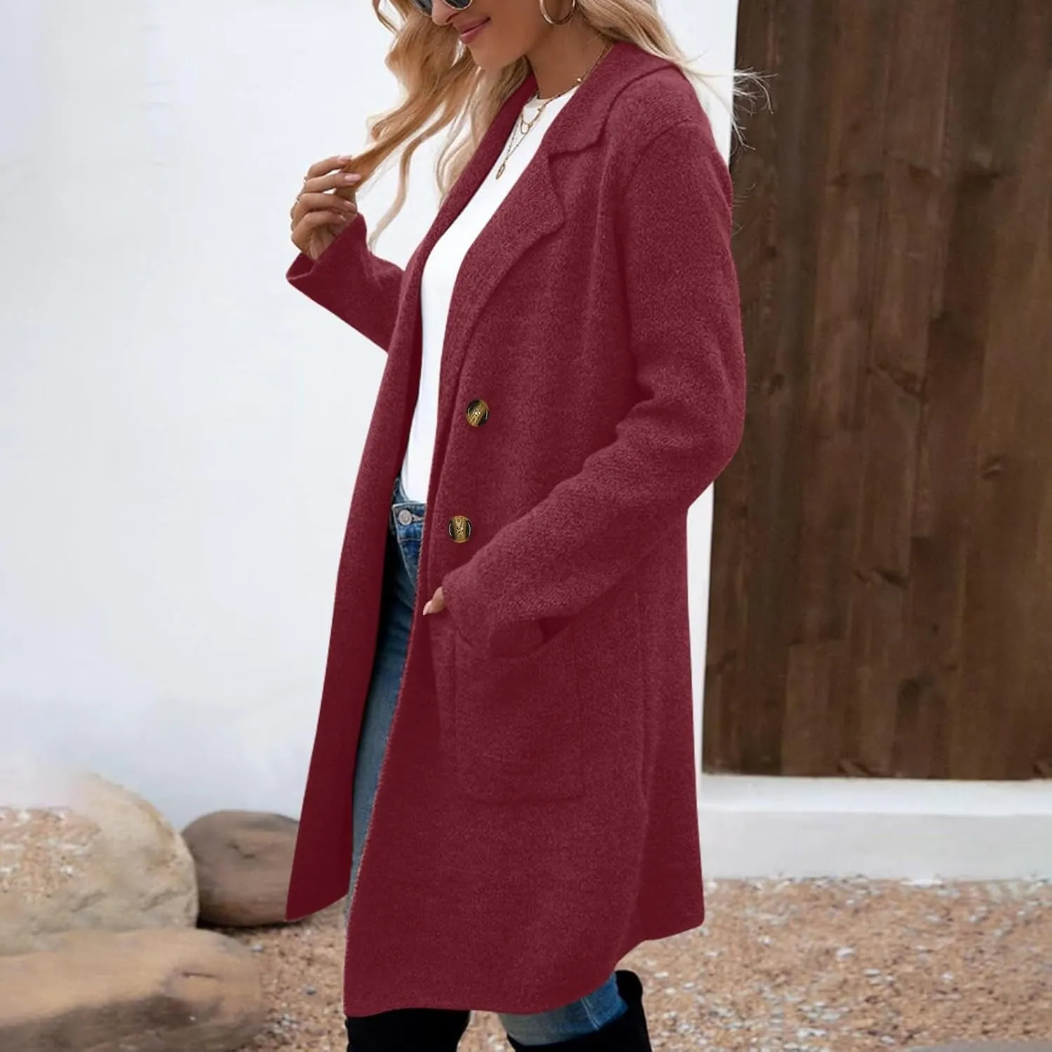 XOWRTE Women Wool Blend Coat Double Breasted Notch Lapel Long Trench Coat Casual Solid Winter Elegant Jackets for