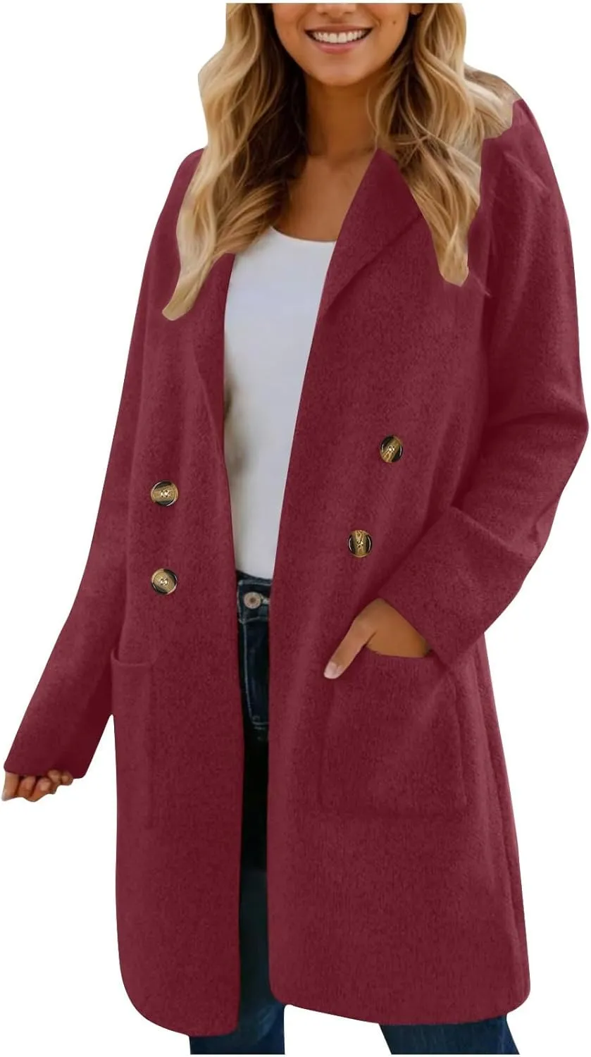 XOWRTE Women Wool Blend Coat Double Breasted Notch Lapel Long Trench Coat Casual Solid Winter Elegant Jackets for