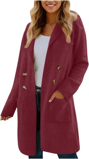 XOWRTE Women Wool Blend Coat Double Breasted Notch Lapel Long Trench Coat Casual Solid Winter Elegant Jackets for
