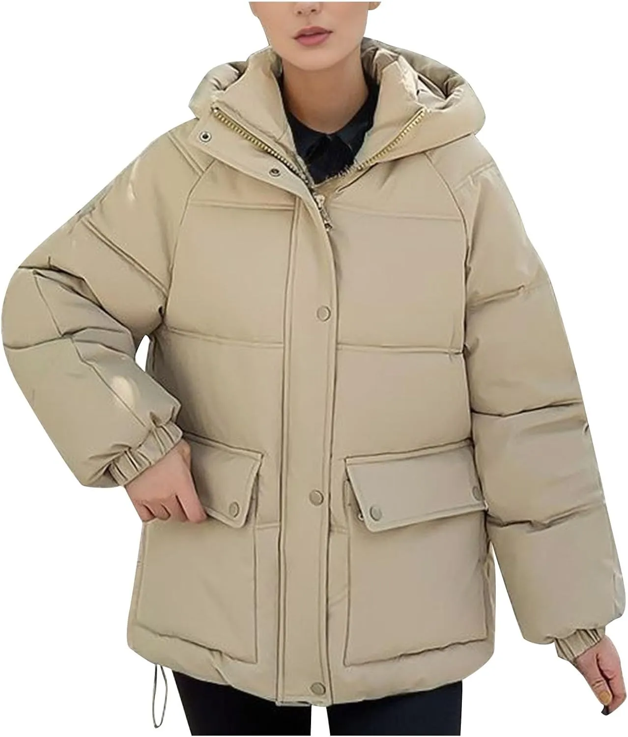 XUNRYAN Womens Hooded Winter Warm Down Coat Puffer Jackets Baggy Lightweight Jackets Casual Button Overcoat Activewear
