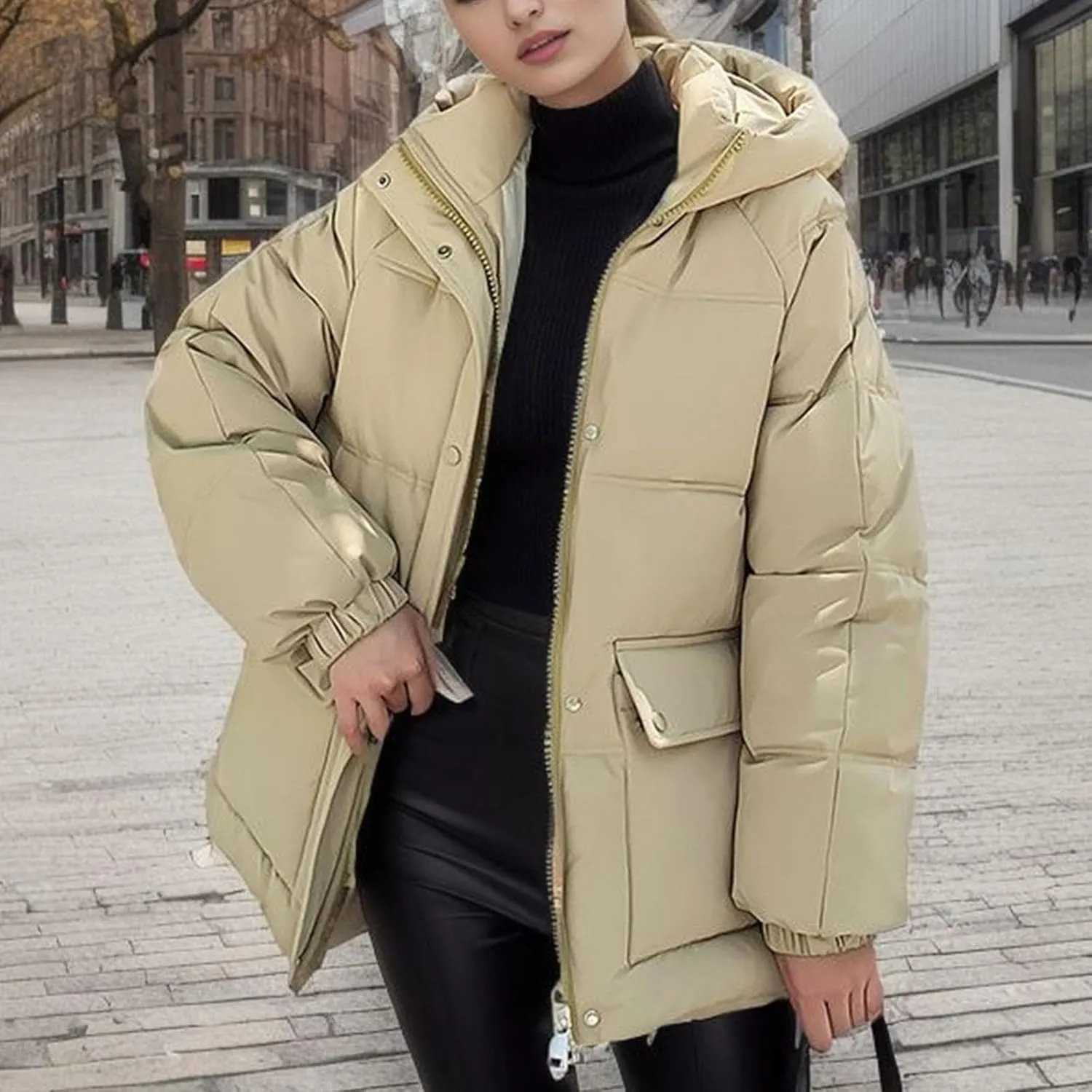 XUNRYAN Womens Hooded Winter Warm Down Coat Puffer Jackets Baggy Lightweight Jackets Casual Button Overcoat Activewear