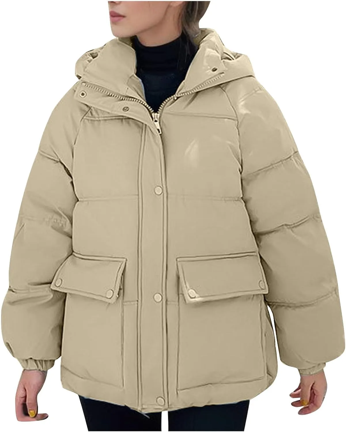 XUNRYAN Womens Hooded Winter Warm Down Coat Puffer Jackets Baggy Lightweight Jackets Casual Button Overcoat Activewear