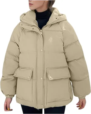 XUNRYAN Womens Hooded Winter Warm Down Coat Puffer Jackets Baggy Lightweight Jackets Casual Button Overcoat Activewear