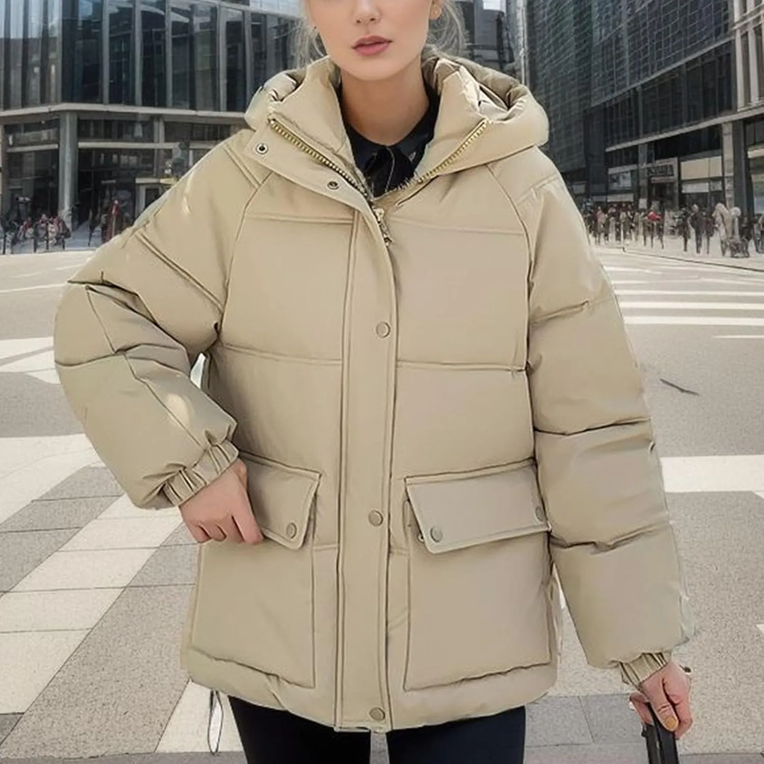 XUNRYAN Womens Hooded Winter Warm Down Coat Puffer Jackets Baggy Lightweight Jackets Casual Button Overcoat Activewear