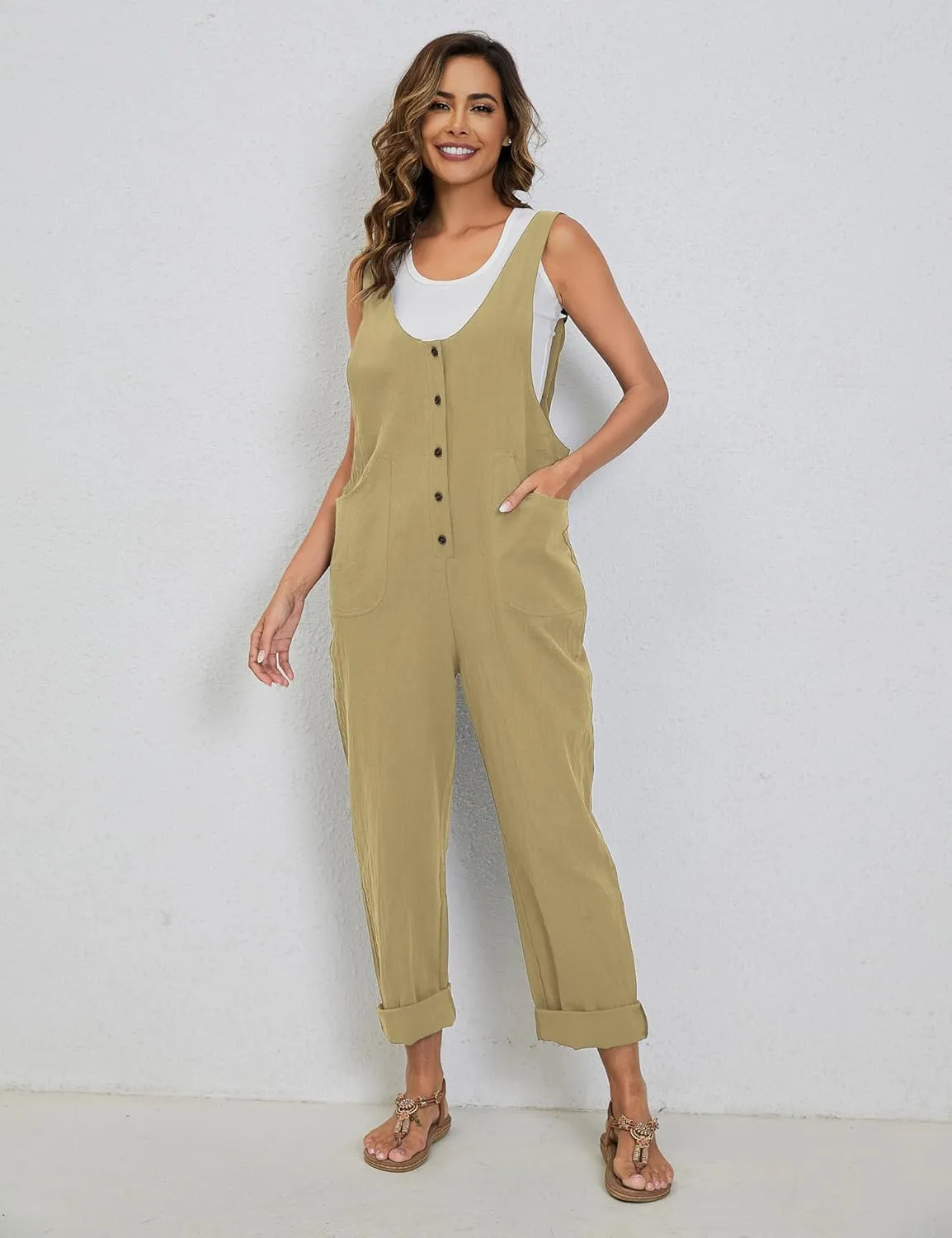 Yeokou Womens Overalls Linen Cotton Jumpsuits Loose Casual Jumpers with Pockets