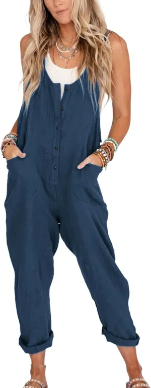 Yeokou Womens Overalls Linen Cotton Jumpsuits Loose Casual Jumpers with Pockets