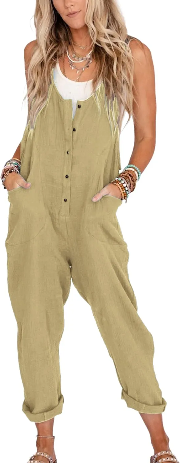Yeokou Womens Overalls Linen Cotton Jumpsuits Loose Casual Jumpers with Pockets
