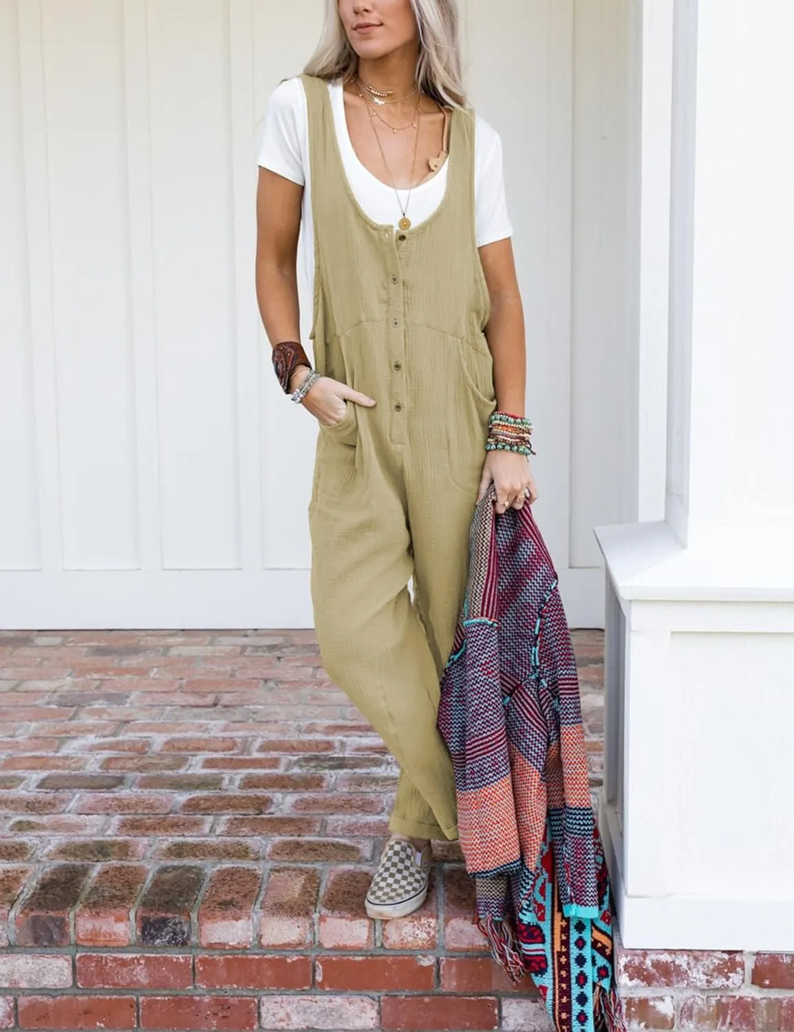 Yeokou Womens Overalls Linen Cotton Jumpsuits Loose Casual Jumpers with Pockets