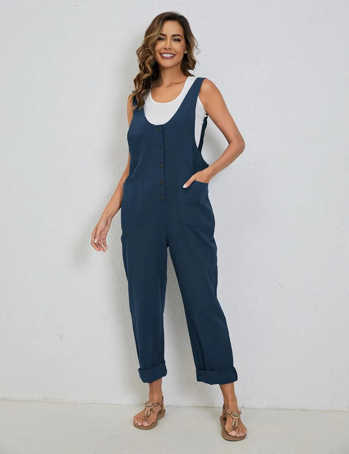 Yeokou Womens Overalls Linen Cotton Jumpsuits Loose Casual Jumpers with Pockets
