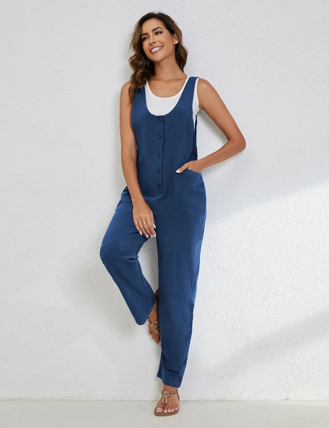 Yeokou Womens Overalls Linen Cotton Jumpsuits Loose Casual Jumpers with Pockets