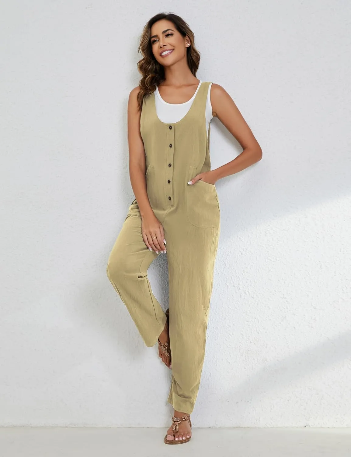 Yeokou Womens Overalls Linen Cotton Jumpsuits Loose Casual Jumpers with Pockets