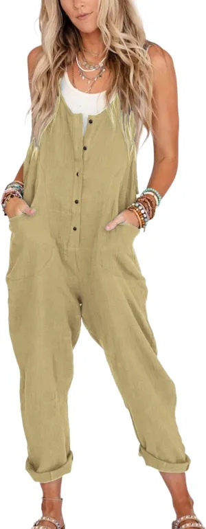 Yeokou Womens Overalls Linen Cotton Jumpsuits Loose Casual Jumpers with Pockets