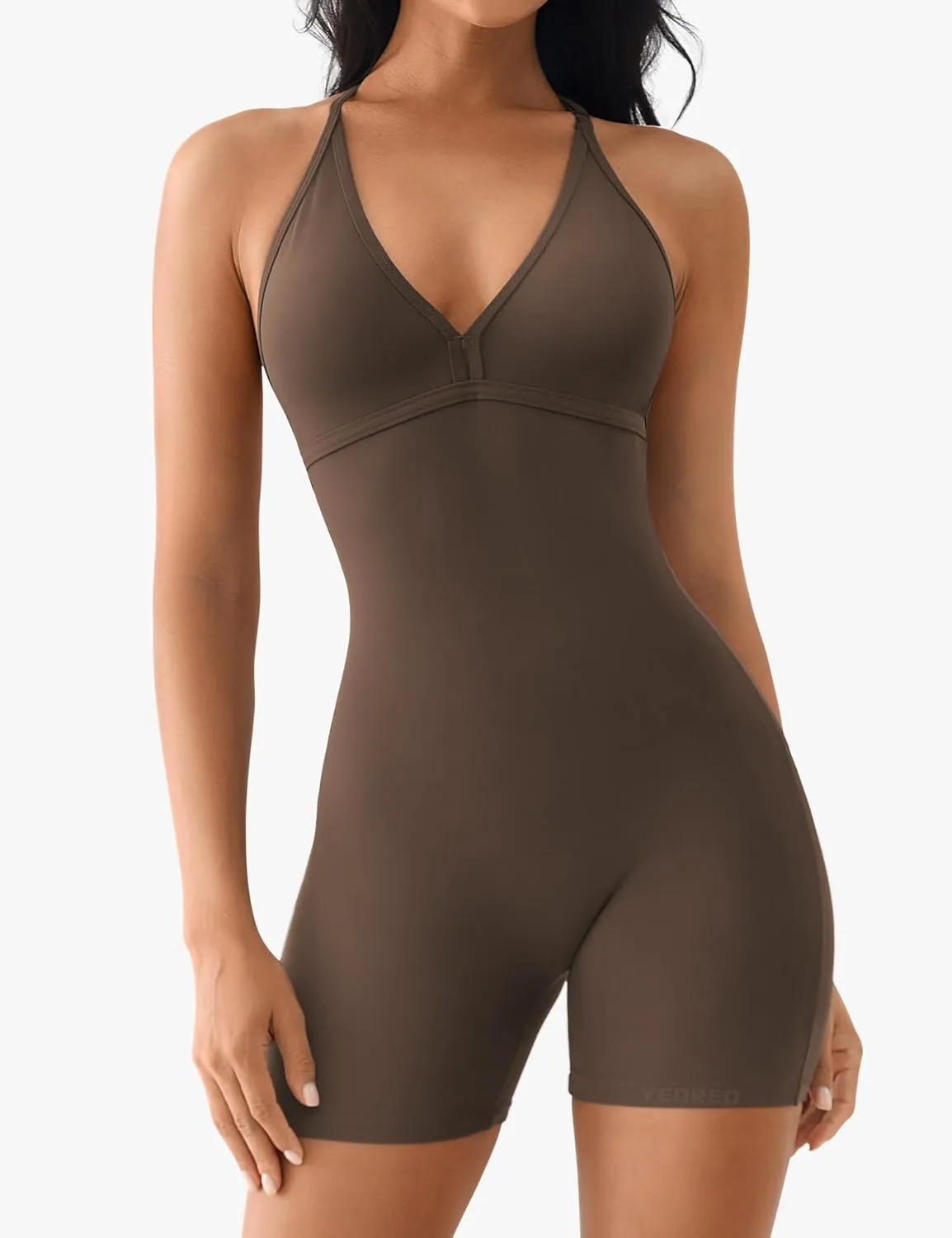 YEOREO Workout Jumpsuits Women Tummy Control Short Rompers Taylor One Piece Jumpsuits V Neck Backless Bodysuit
