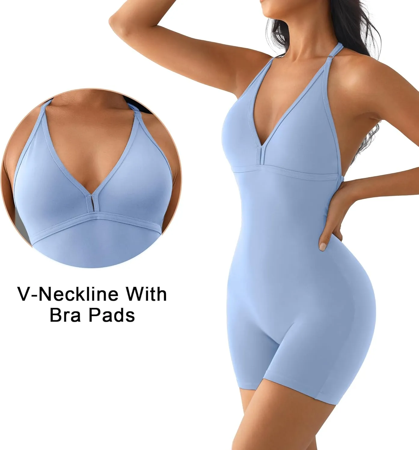 YEOREO Workout Jumpsuits Women Tummy Control Short Rompers Taylor One Piece Jumpsuits V Neck Backless Bodysuit