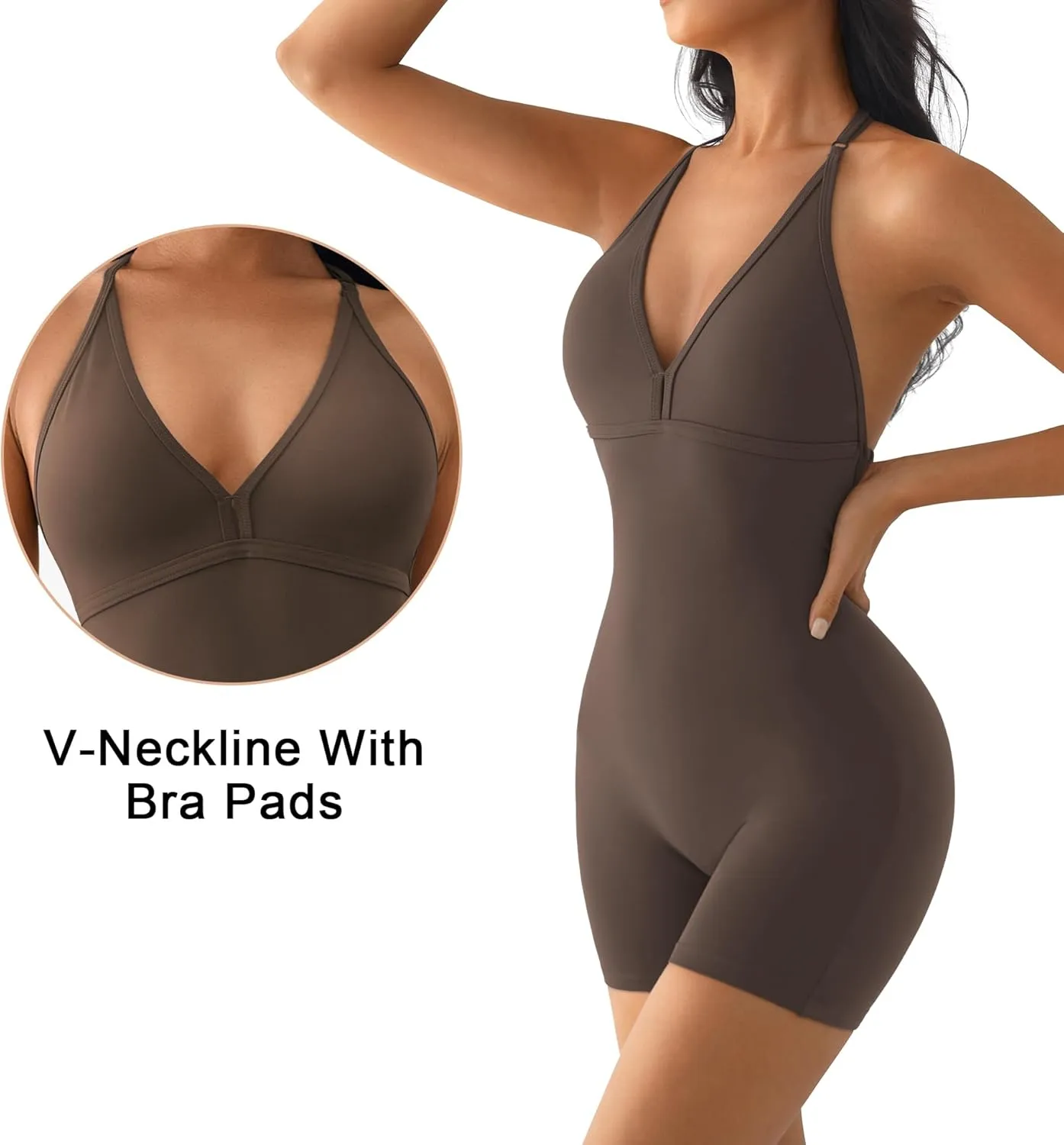 YEOREO Workout Jumpsuits Women Tummy Control Short Rompers Taylor One Piece Jumpsuits V Neck Backless Bodysuit