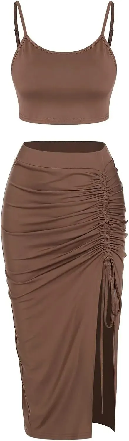 ZAFUL Women's Sexy 2 Piece Outfits Dresses Cami Crop Top and High Split Midi Dress Set Ruched Bodycon Party Club Skirt Set