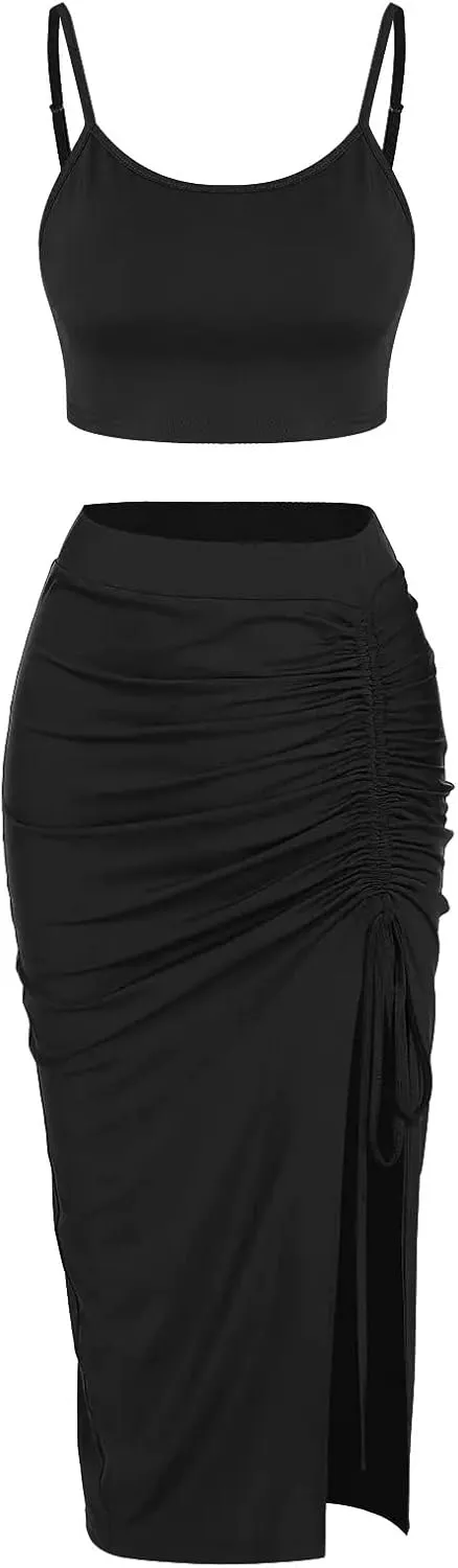 ZAFUL Women's Sexy 2 Piece Outfits Dresses Cami Crop Top and High Split Midi Dress Set Ruched Bodycon Party Club Skirt Set