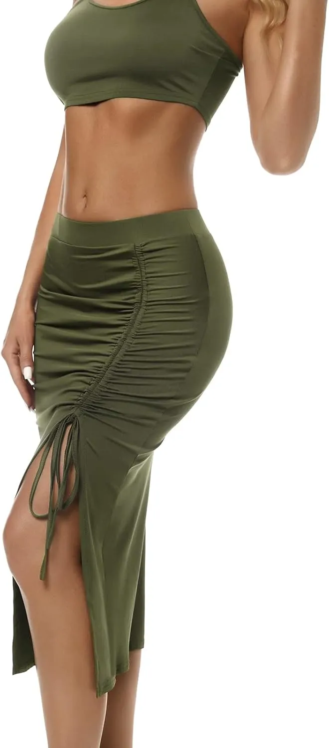 ZAFUL Women's Sexy 2 Piece Outfits Dresses Cami Crop Top and High Split Midi Dress Set Ruched Bodycon Party Club Skirt Set