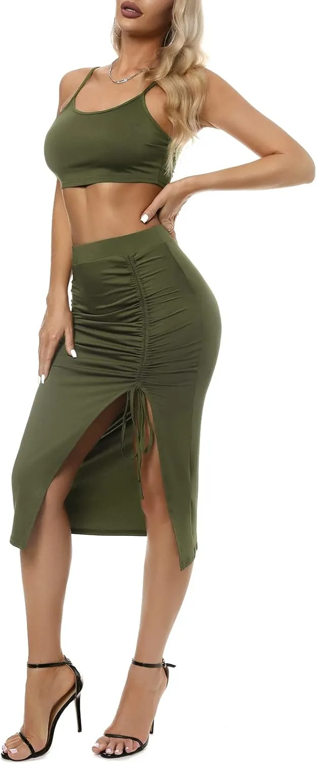 ZAFUL Women's Sexy 2 Piece Outfits Dresses Cami Crop Top and High Split Midi Dress Set Ruched Bodycon Party Club Skirt Set