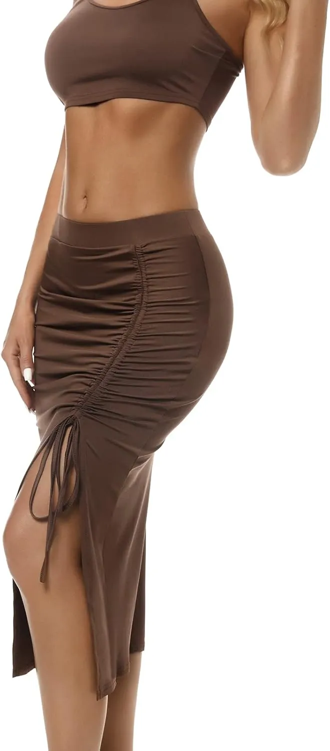 ZAFUL Women's Sexy 2 Piece Outfits Dresses Cami Crop Top and High Split Midi Dress Set Ruched Bodycon Party Club Skirt Set