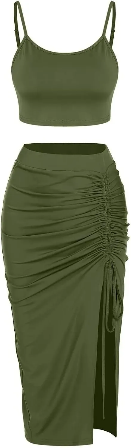 ZAFUL Women's Sexy 2 Piece Outfits Dresses Cami Crop Top and High Split Midi Dress Set Ruched Bodycon Party Club Skirt Set