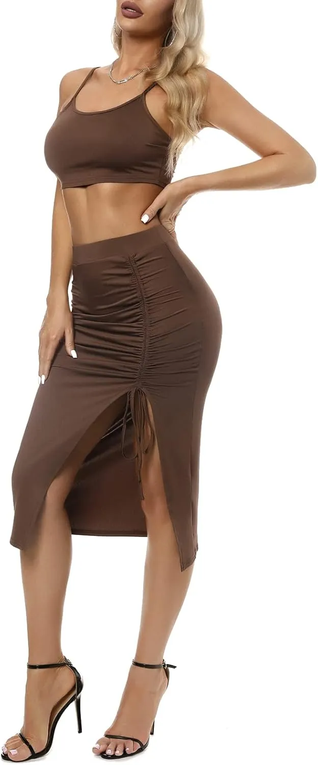ZAFUL Women's Sexy 2 Piece Outfits Dresses Cami Crop Top and High Split Midi Dress Set Ruched Bodycon Party Club Skirt Set