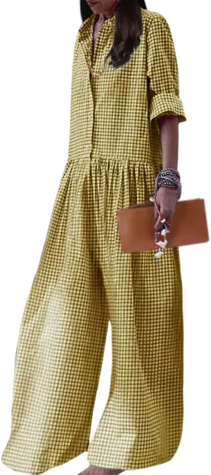 ZOCANIA Casual Plaid Jumpsuits for Women Wide Leg Overalls Cotton Linen Bgaay Loose Long Sleeve Button Long Pant Rompers