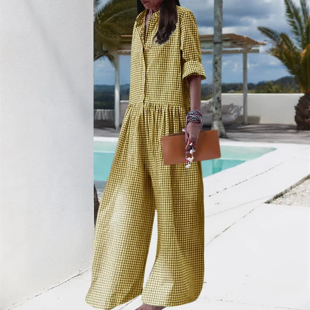 ZOCANIA Casual Plaid Jumpsuits for Women Wide Leg Overalls Cotton Linen Bgaay Loose Long Sleeve Button Long Pant Rompers
