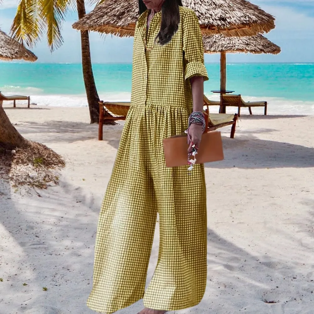 ZOCANIA Casual Plaid Jumpsuits for Women Wide Leg Overalls Cotton Linen Bgaay Loose Long Sleeve Button Long Pant Rompers