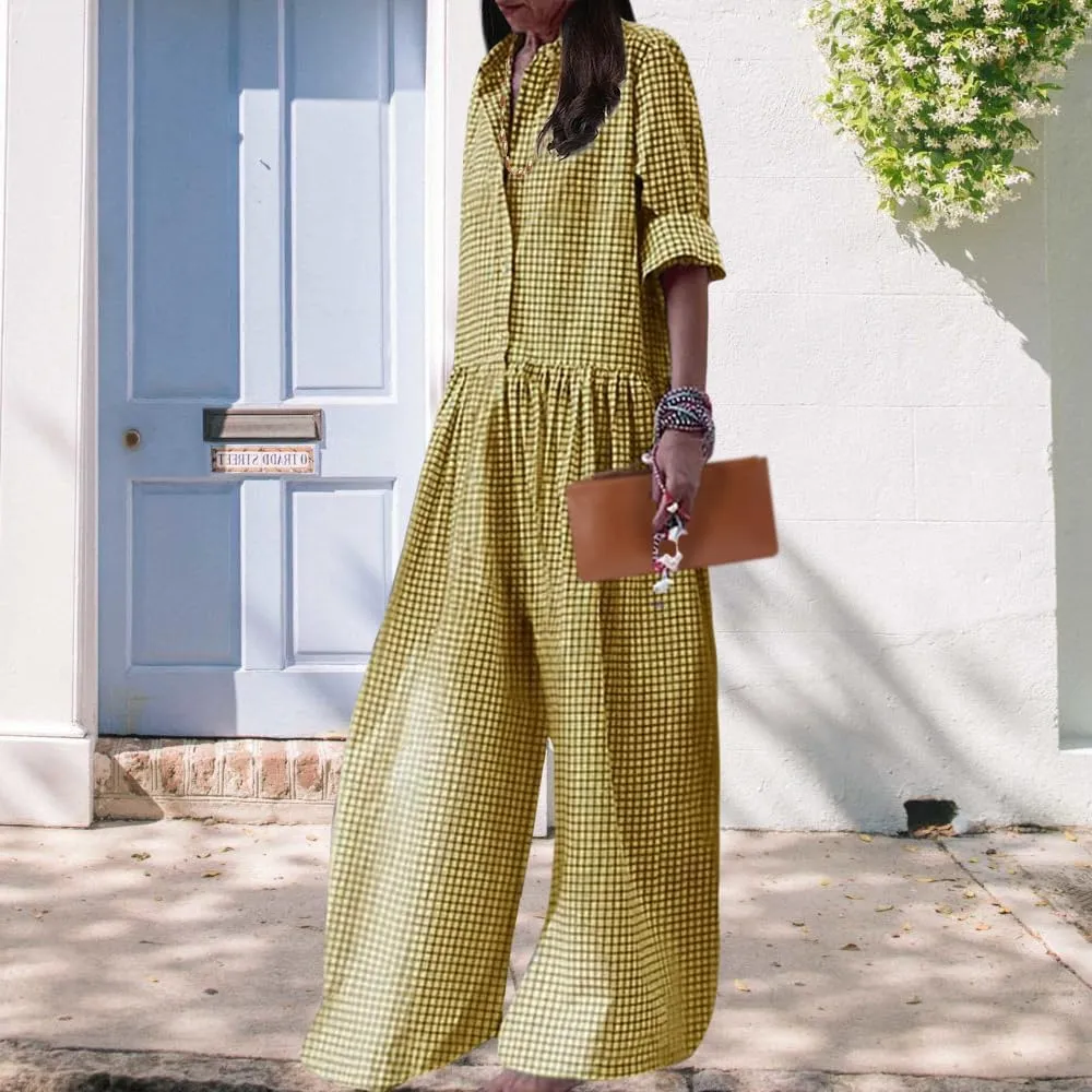 ZOCANIA Casual Plaid Jumpsuits for Women Wide Leg Overalls Cotton Linen Bgaay Loose Long Sleeve Button Long Pant Rompers