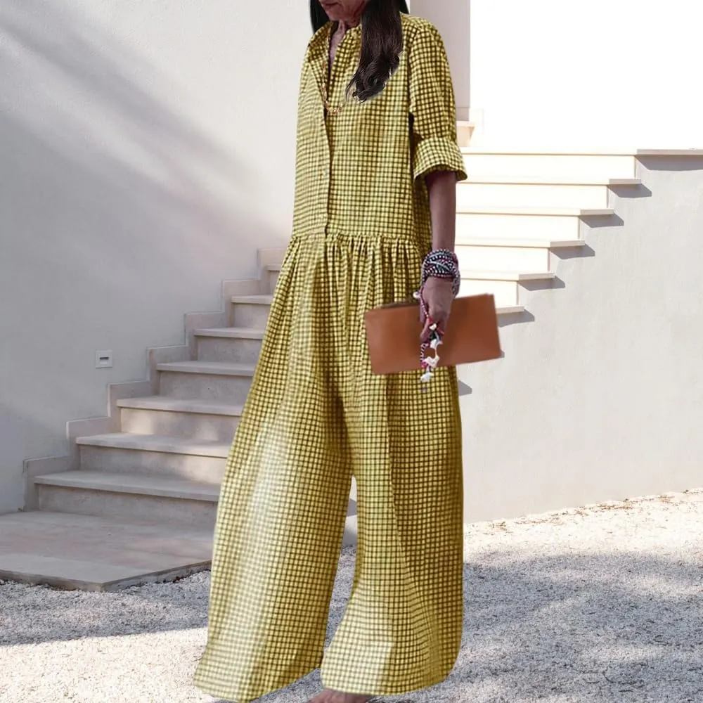 ZOCANIA Casual Plaid Jumpsuits for Women Wide Leg Overalls Cotton Linen Bgaay Loose Long Sleeve Button Long Pant Rompers