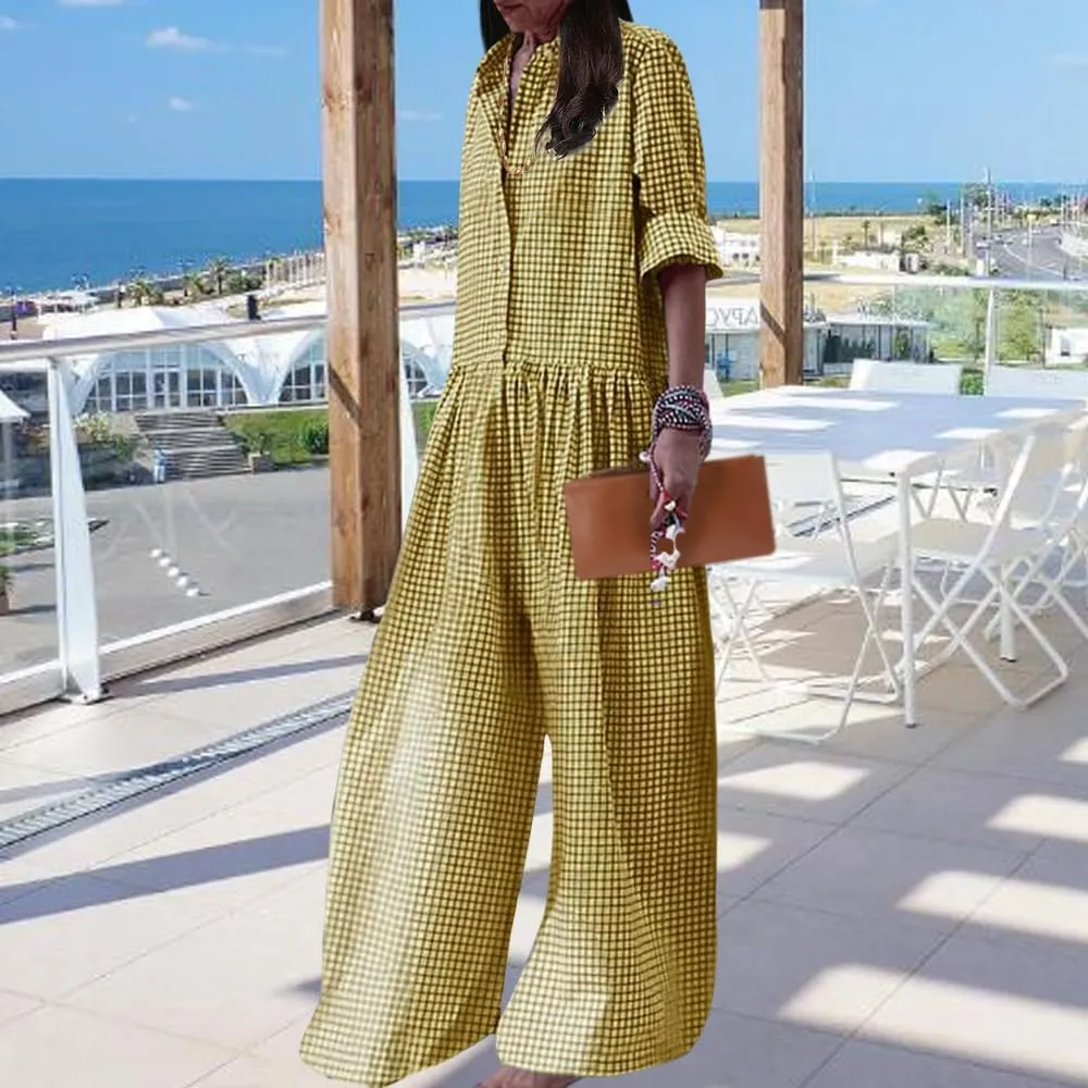 ZOCANIA Casual Plaid Jumpsuits for Women Wide Leg Overalls Cotton Linen Bgaay Loose Long Sleeve Button Long Pant Rompers