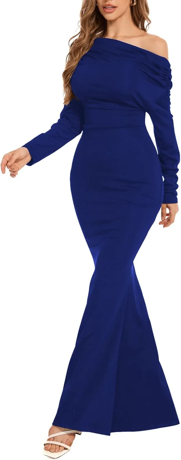 ZonJie Women's Evening Gowns Formal Elegant Long Sleeve Off Shoulder Party Dress Sexy Bodycon Wedding Guest Dresses