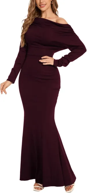 ZonJie Women's Evening Gowns Formal Elegant Long Sleeve Off Shoulder Party Dress Sexy Bodycon Wedding Guest Dresses