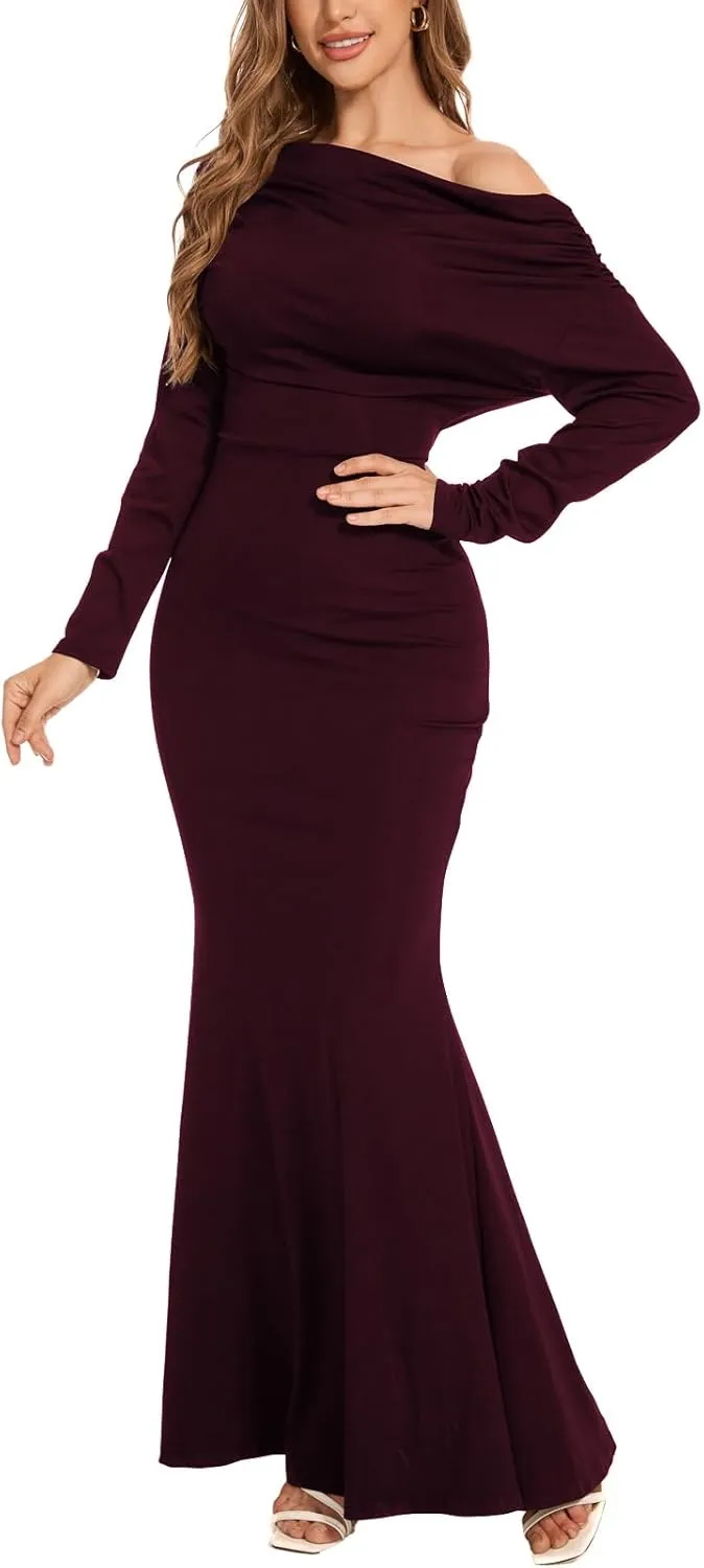ZonJie Women's Evening Gowns Formal Elegant Long Sleeve Off Shoulder Party Dress Sexy Bodycon Wedding Guest Dresses