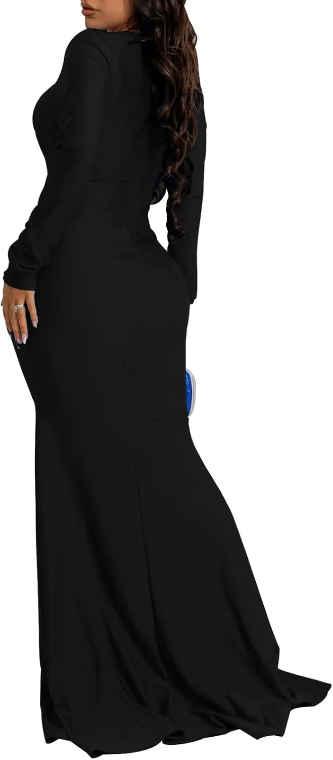ZonJie Women's Evening Gowns Formal Elegant Long Sleeve Off Shoulder Party Dress Sexy Floor Length Wedding Guest Maxi Dresses