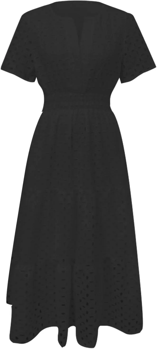 ZYXTIM Eyelet Dresses for Women 2025 Short Sleeve Casual A Line Boho Maxi Dress V Neck Fashion Summer Beach Vacation Sundress